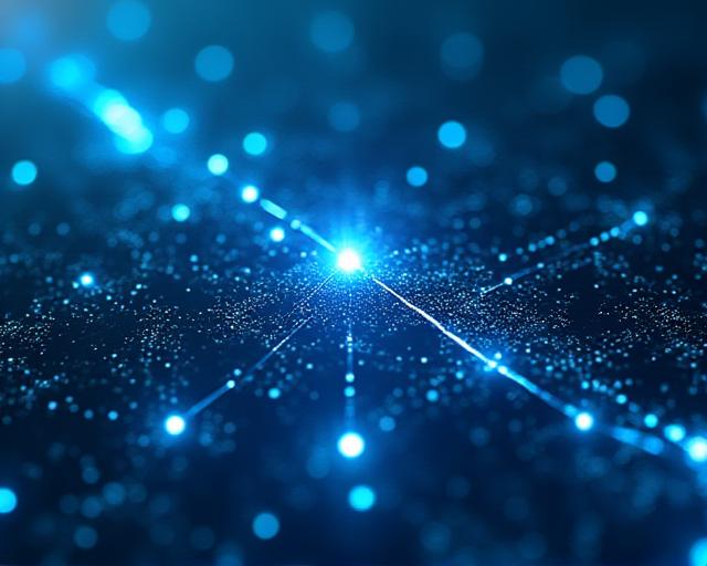 Abstract 3D visualization of neural networks and data streams in deep blue and cyan